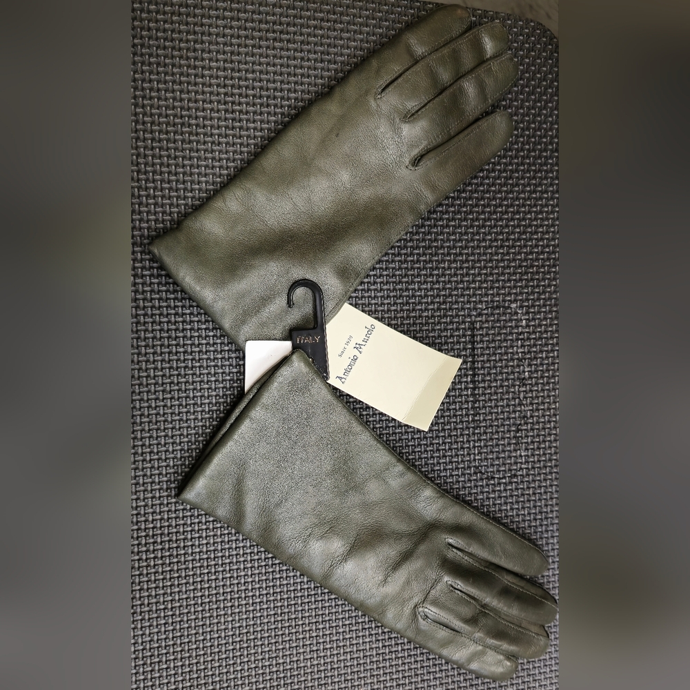 Olive Green Leather Gloves Antonio Murolo Warm Winter Wool Leather Women NWT